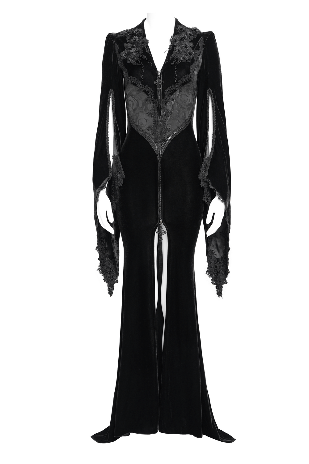 Gothic black velvet long dress with lace details and flared sleeves, featuring a sleek zipper for an elegant evening look.