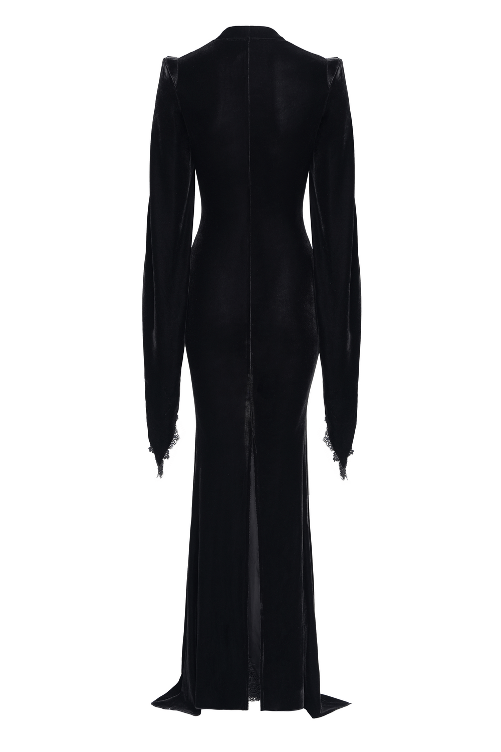Back view of Gothic black velvet long dress with flared sleeves and lace detailing, perfect for evening events.