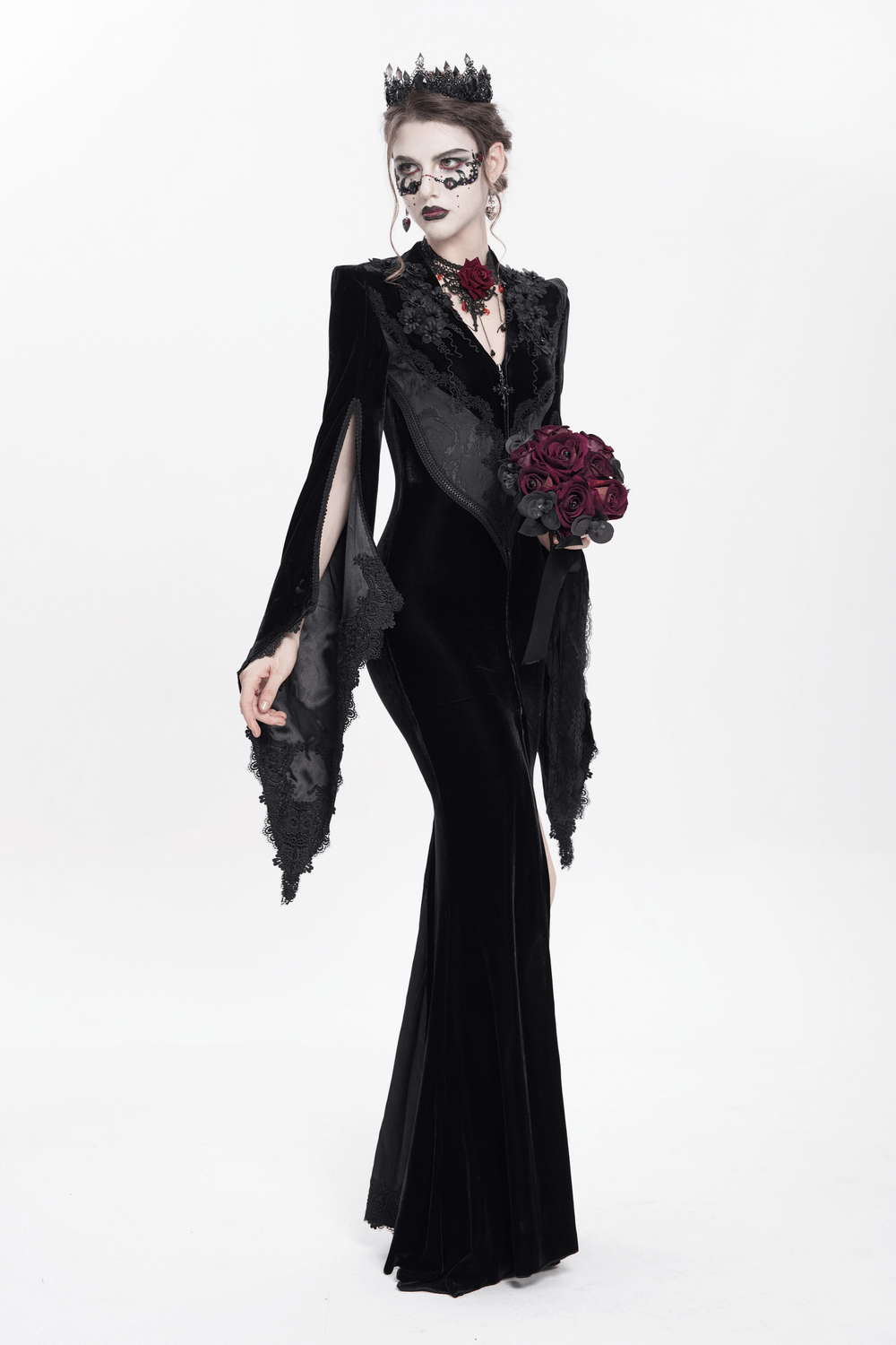 Gothic black velvet long dress with lace, flared sleeves, and spider web details, perfect for evening events or cosplay.