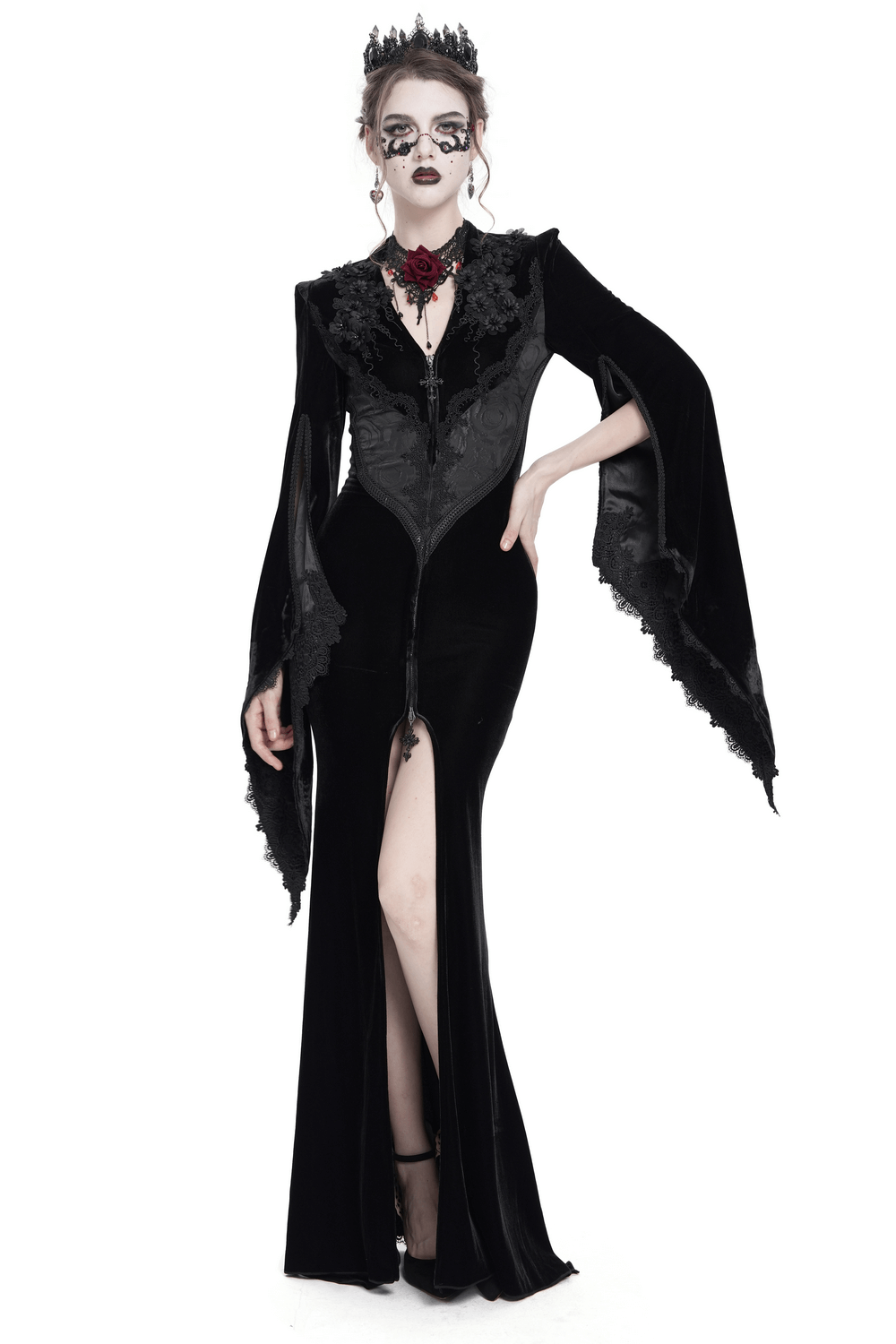 Gothic black velvet long dress with lace, flared sleeves, and zipper for elegant evening events.