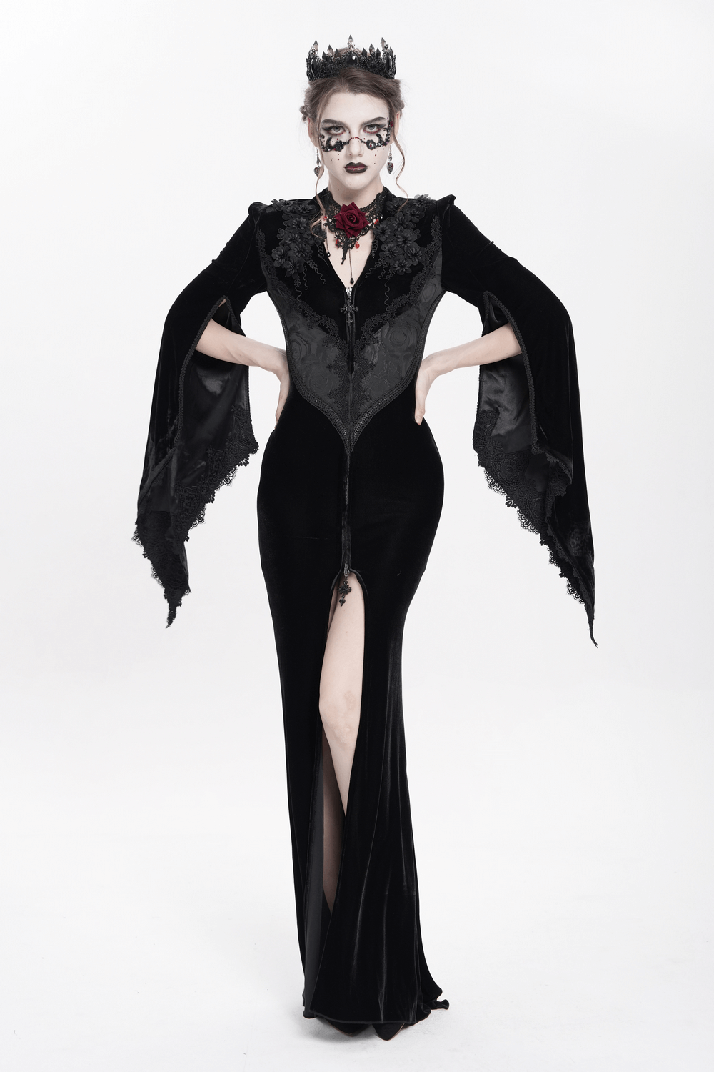 Elegant gothic black velvet long dress featuring lace details, flared sleeves, and a front zipper, perfect for evening wear.