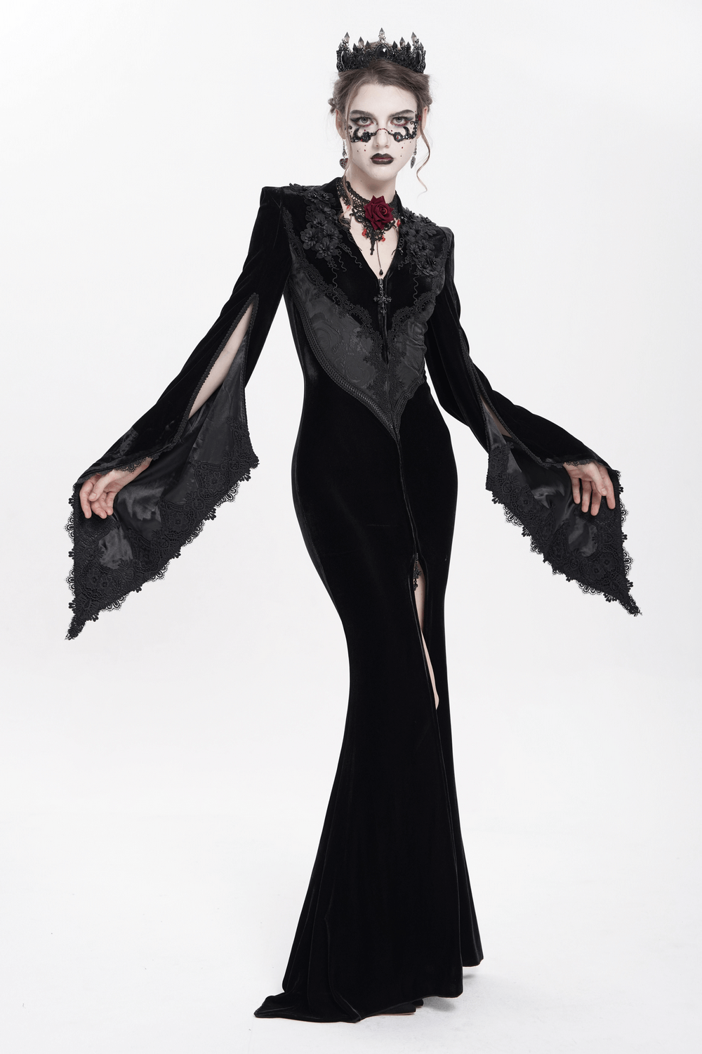 Elegant gothic black velvet long dress with lace and flared sleeves, perfect for evening events and cosplay.