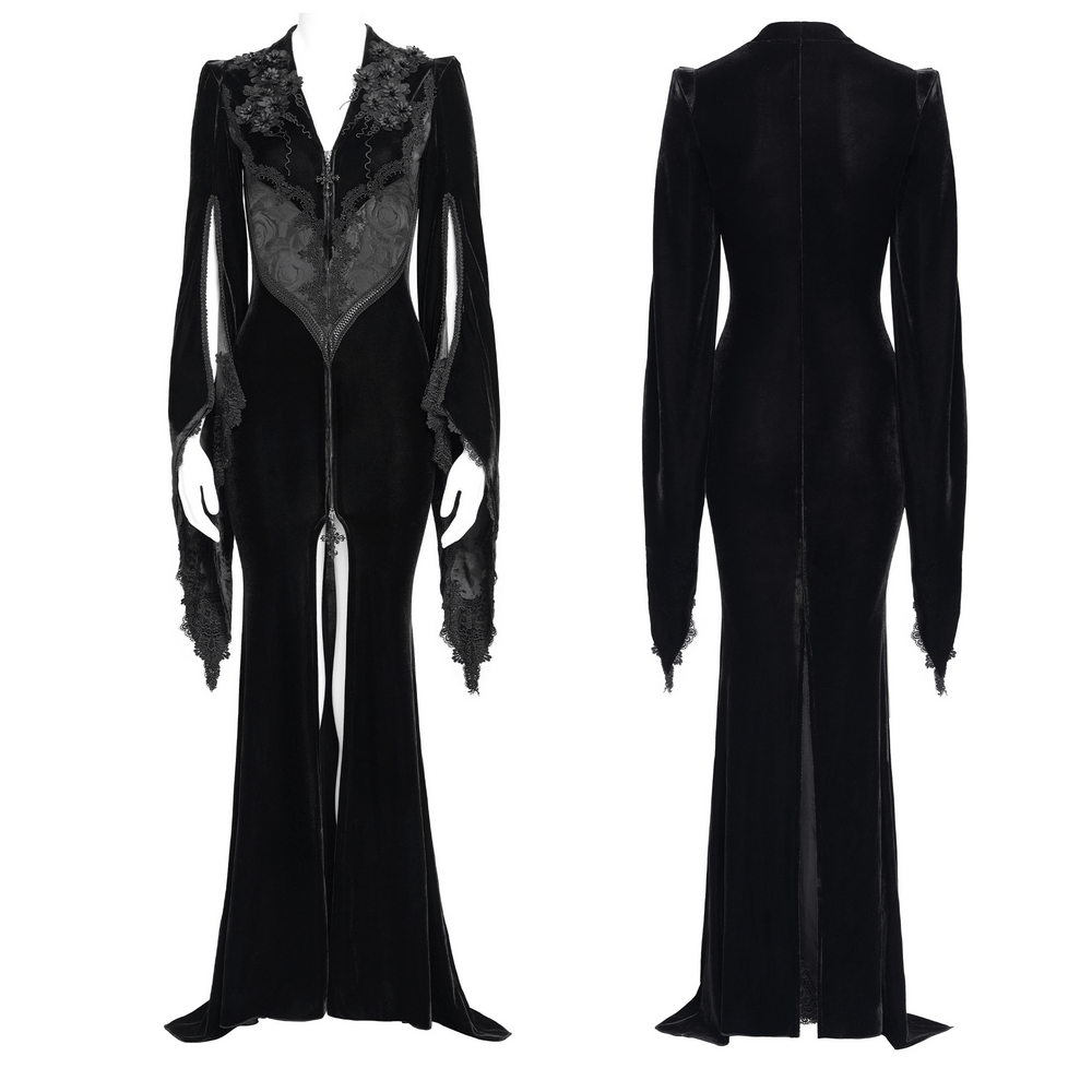 Elegant gothic black velvet long dress with lace, flared sleeves, and zipper for evening wear or cosplay.