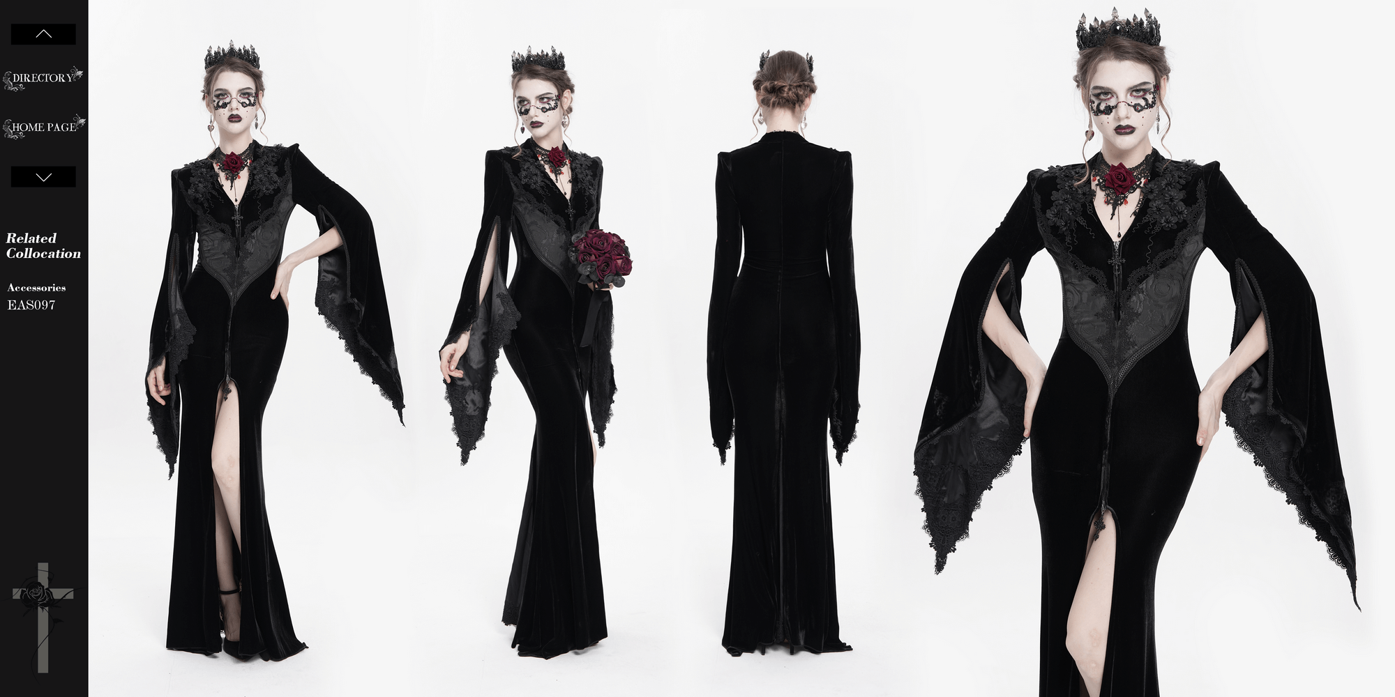 Elegant gothic black velvet long dress with flared sleeves and lace detailing, perfect for evening events and cosplay.