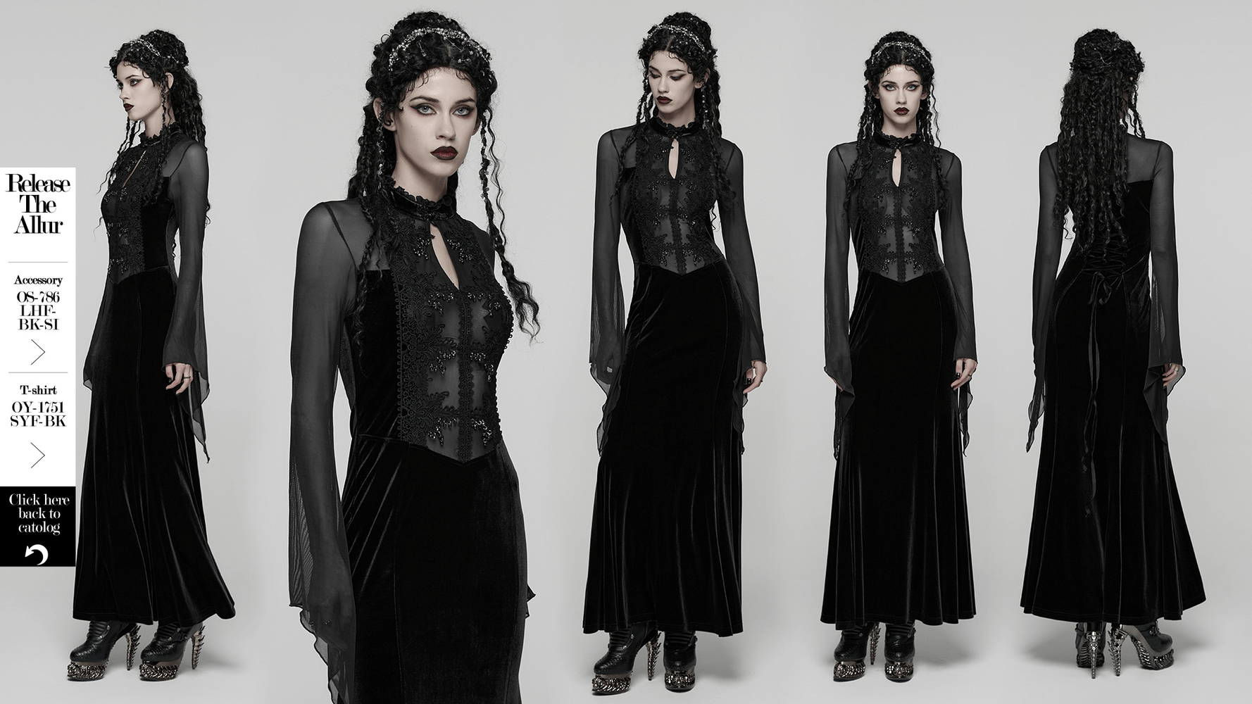 Gothic Black Velvet Maxi Dress with Lace and Mesh featuring sheer sleeves and crystal trim.