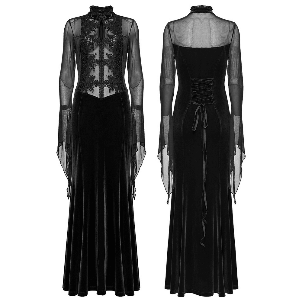 Gothic Black Velvet Maxi Dress with Lace and Mesh featuring sheer sleeves and intricate lace details.