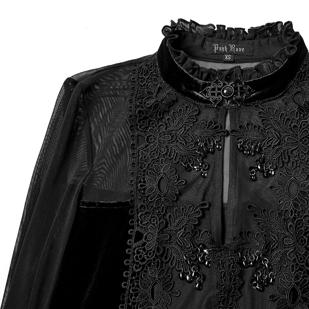 Gothic Black Velvet Maxi Dress with Lace and Mesh featuring intricate lace trims and sheer sleeves.