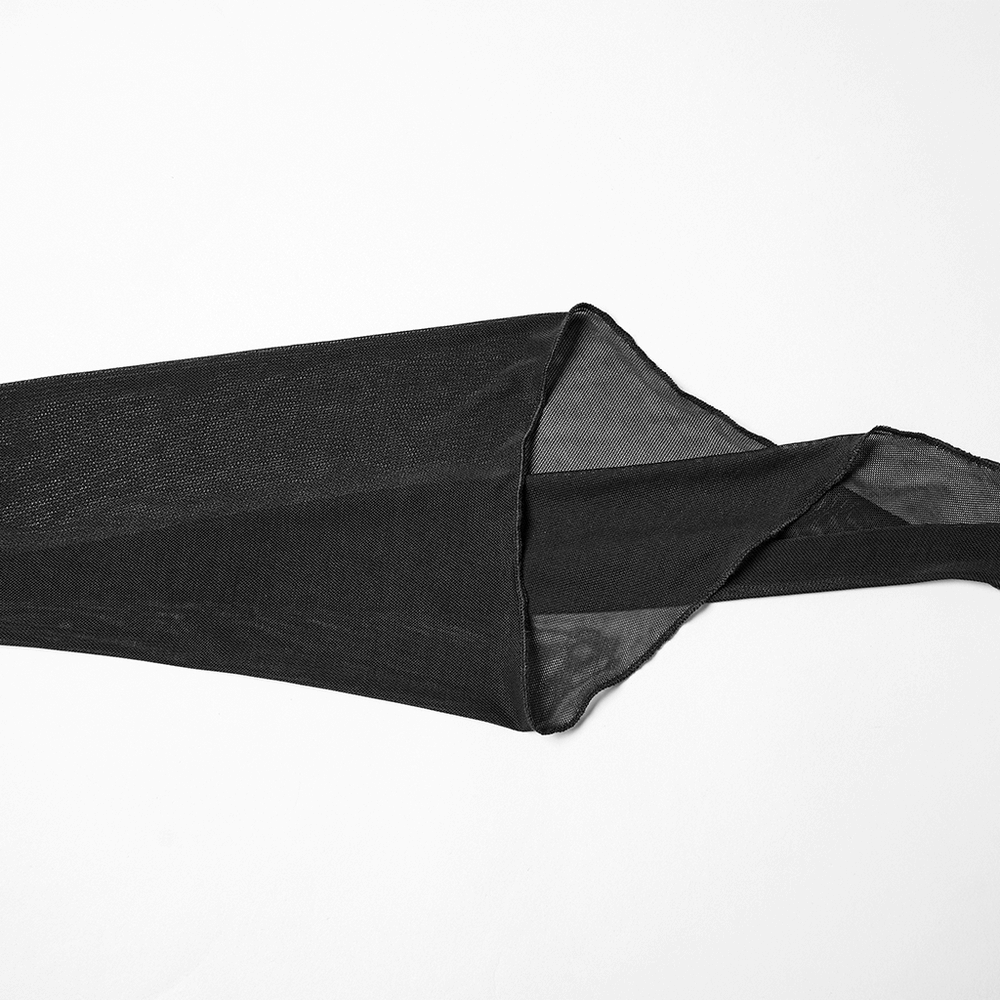 Gothic Black Velvet Maxi Dress with Lace and Mesh sheer sleeves and mesh detailing close-up.