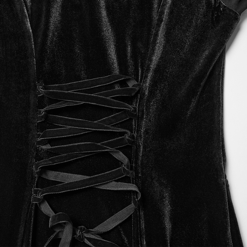 Gothic Black Velvet Maxi Dress with Lace and Mesh close-up of lace-up detailing and velvet fabric.