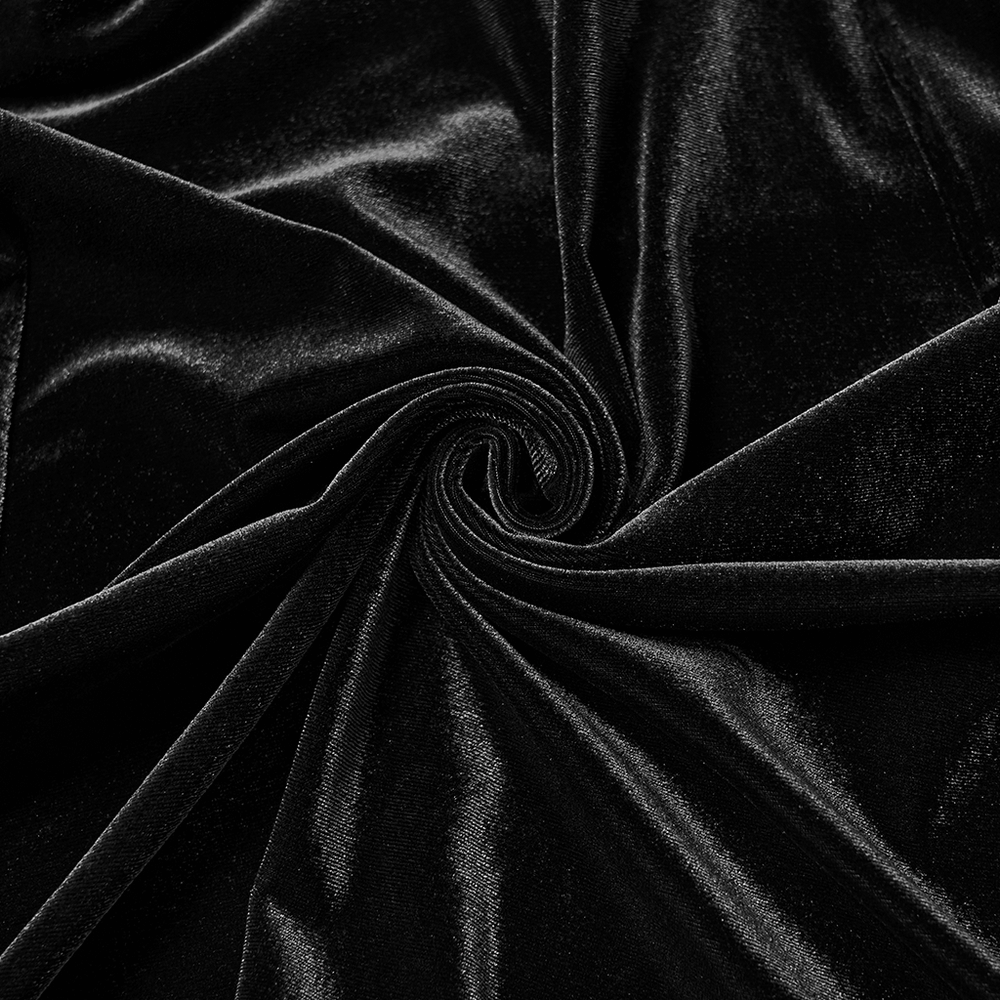 Gothic Black Velvet Maxi Dress with Lace and Mesh luxurious black velvet fabric texture showcasing softness and sheen.