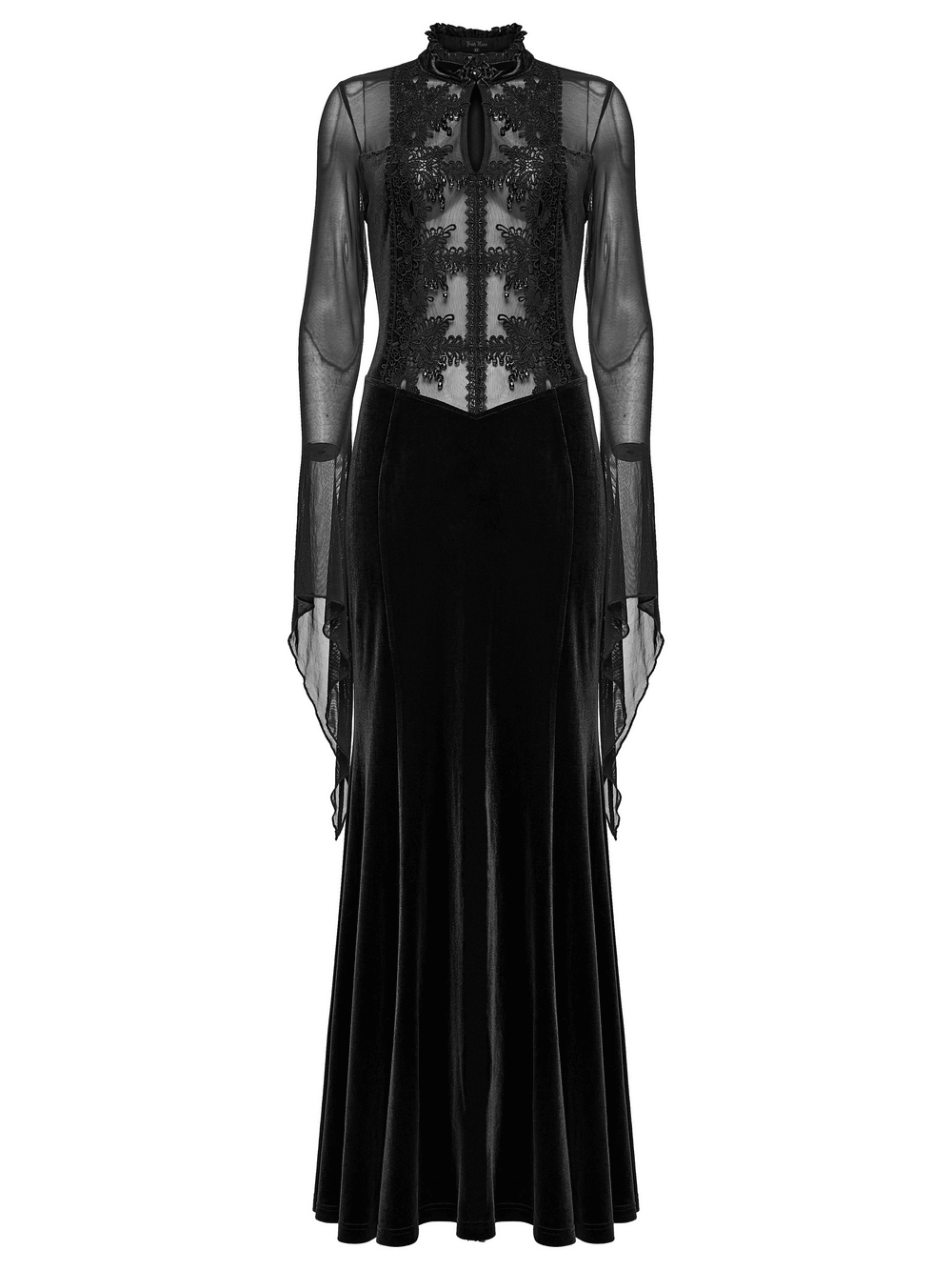 Gothic Black Velvet Maxi Dress with Lace and Mesh featuring sheer sleeves and ruffled neckline.