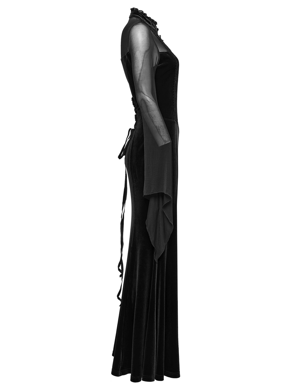 Gothic Black Velvet Maxi Dress with Lace and Mesh, featuring sheer sleeves and a flowing silhouette.
