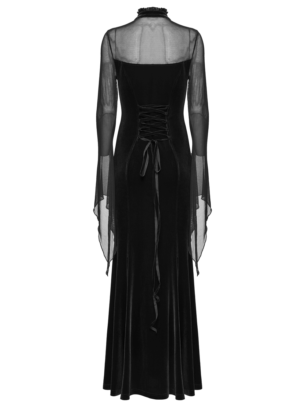 Gothic Black Velvet Maxi Dress with Lace and Mesh featuring sheer sleeves and lace-up back.