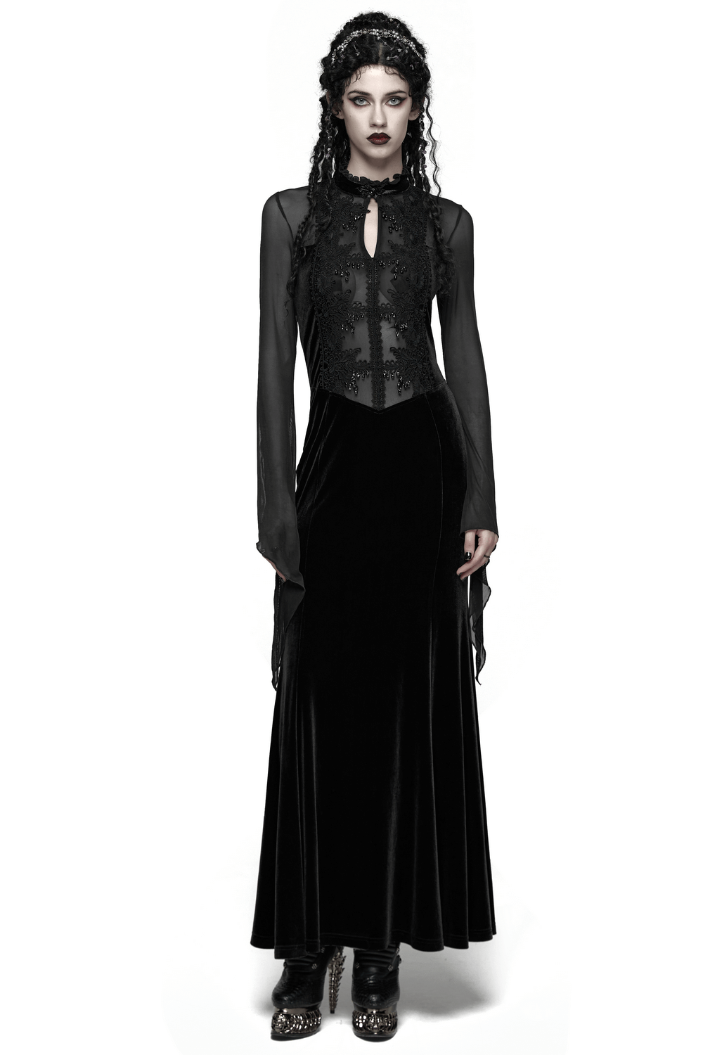 Gothic Black Velvet Maxi Dress with Lace and Mesh, showcasing sheer sleeves and a vintage charm.