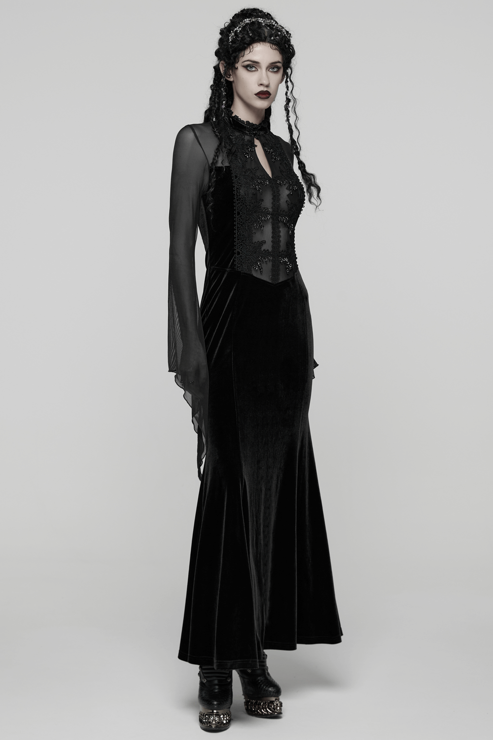 Gothic Black Velvet Maxi Dress with Lace and Mesh showcasing sheer sleeves and elegant crystal trim.