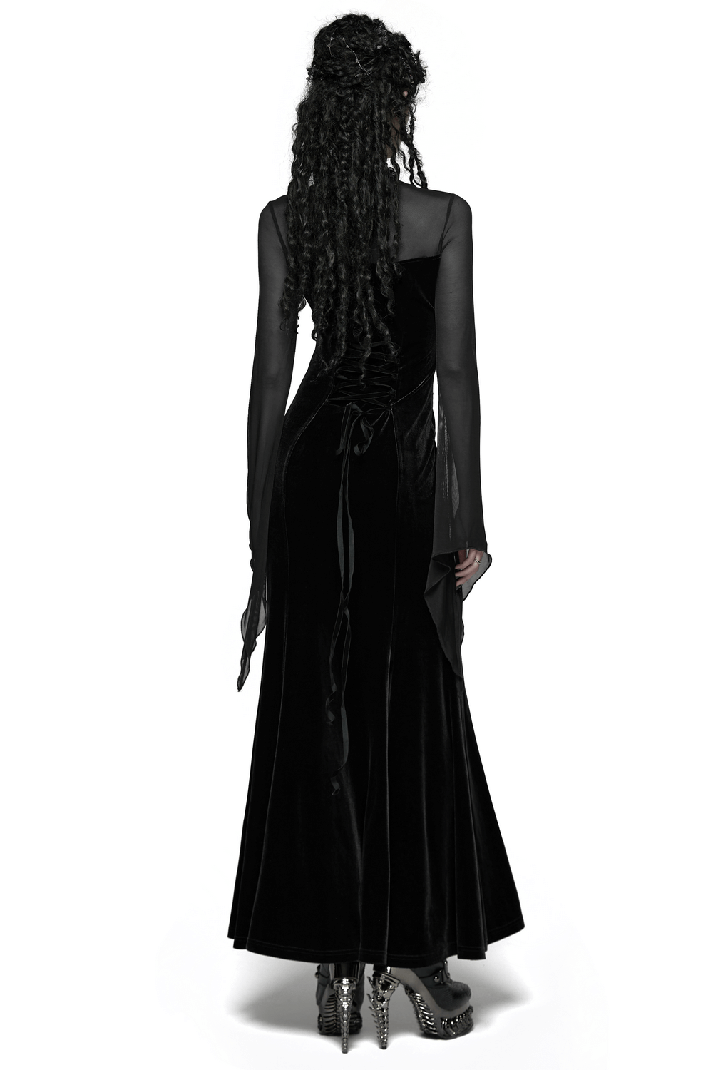 Gothic Black Velvet Maxi Dress with Lace and Mesh, showcasing a stunning back view with sheer sleeves and flowing skirt.
