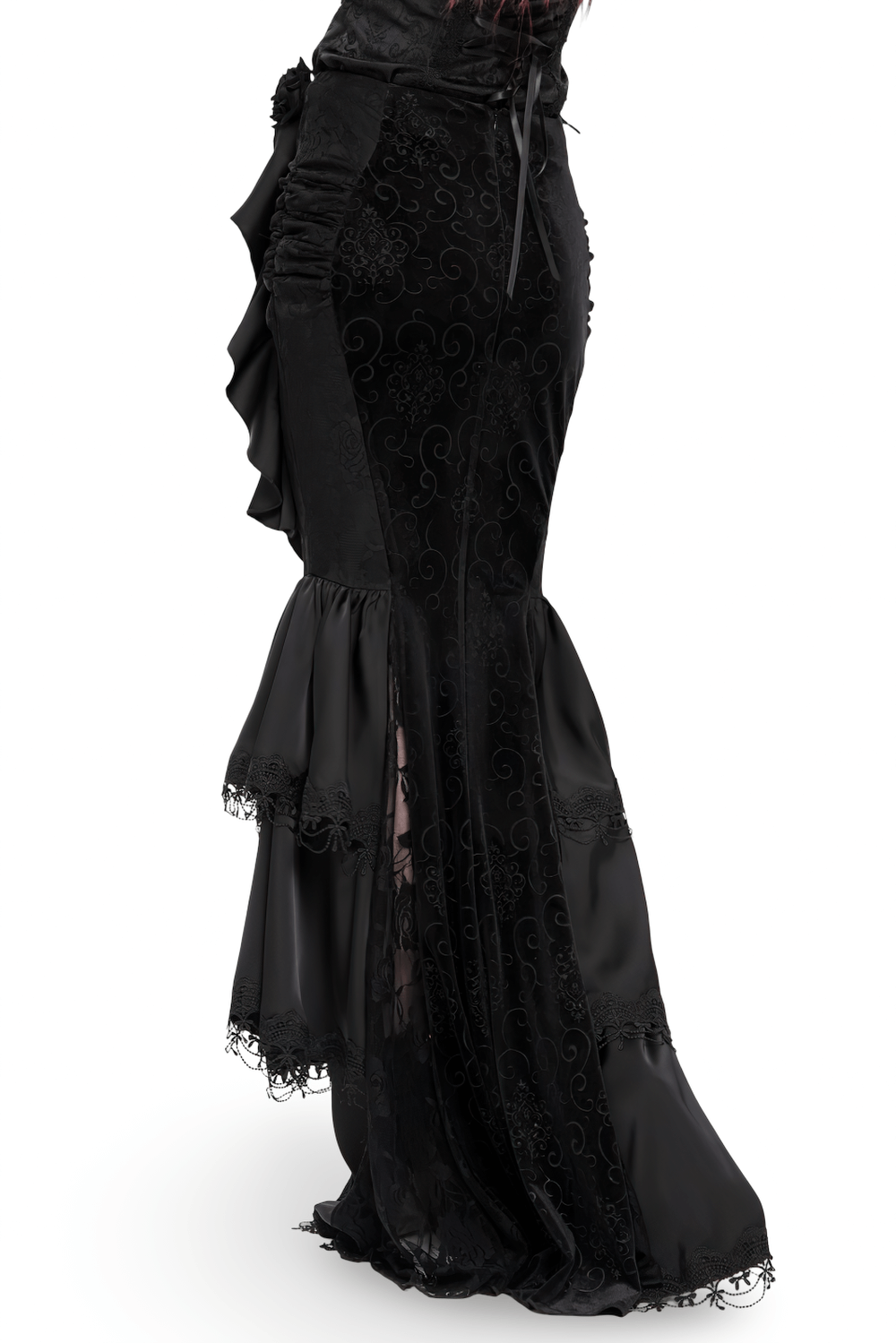 Gothic black velvet maxi skirt with lace and ruffles, showcasing elegant draped chains and high side slit.