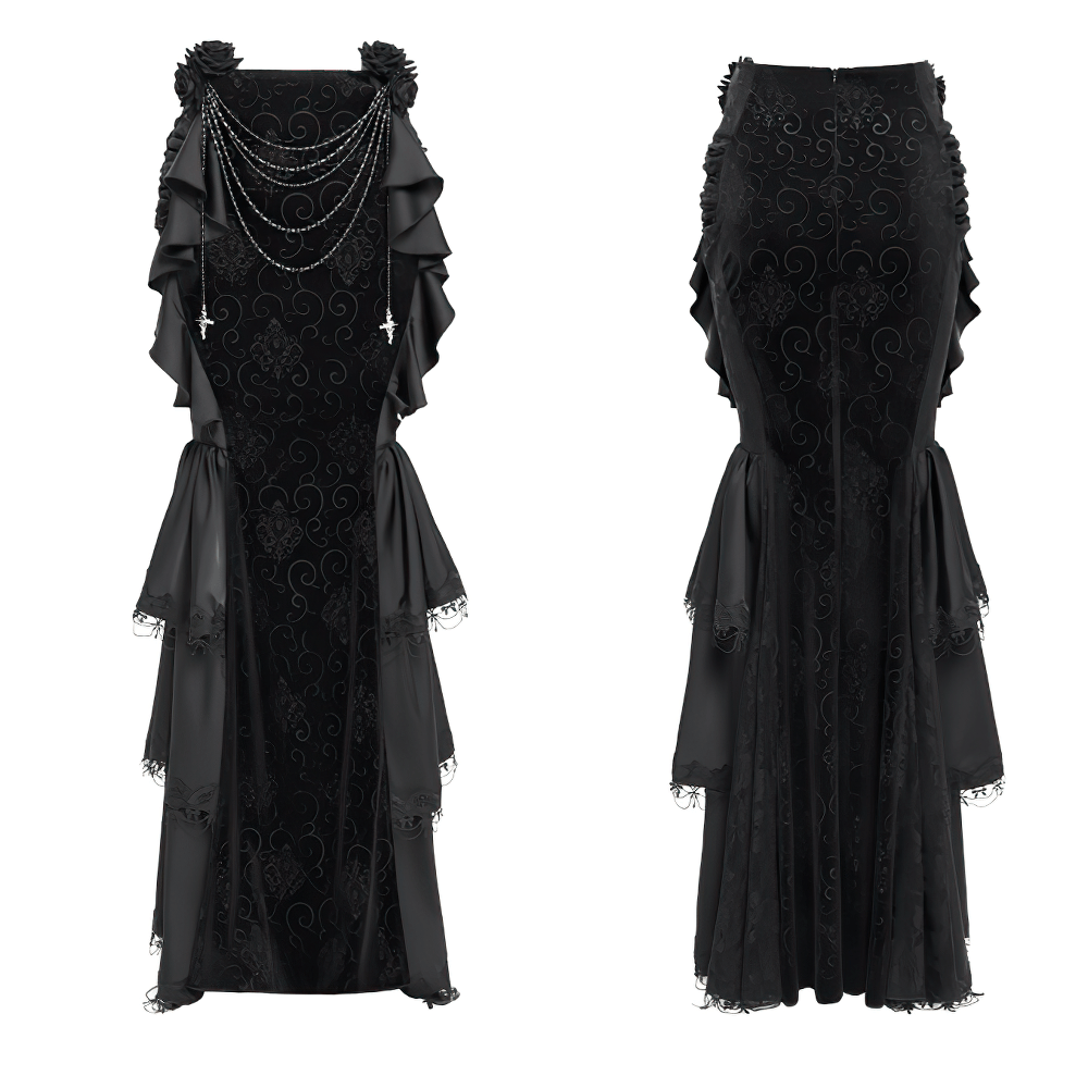Gothic black velvet maxi skirt featuring ruffles, chains, and cross details, showcasing dark elegance and dramatic silhouette.