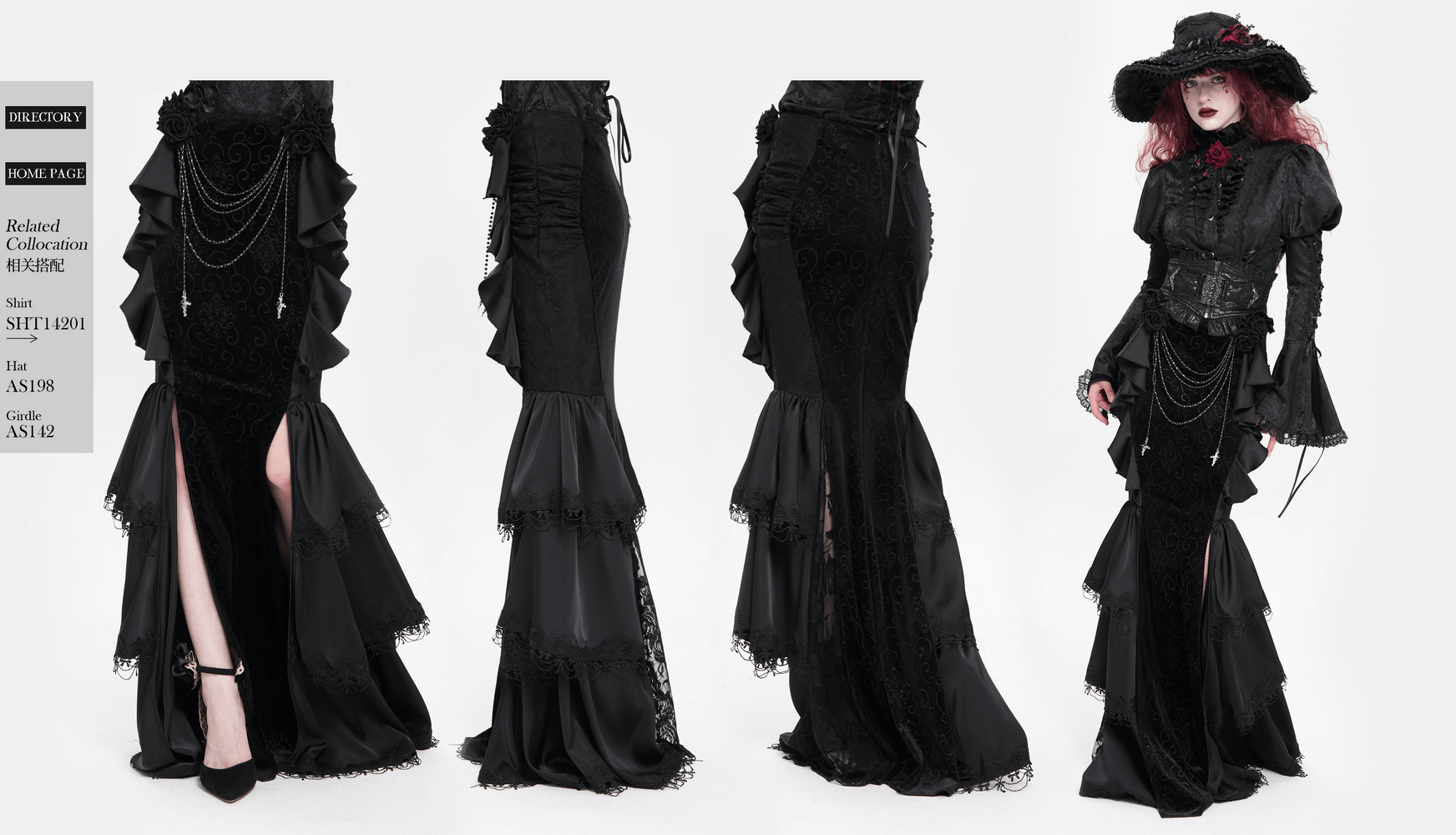 Gothic black velvet maxi skirt with ruffles, lace trim, and chains, featuring high side slit and dramatic silhouette.