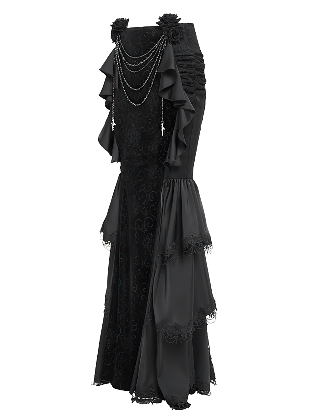 Gothic black velvet maxi skirt featuring ruffles, lace trim, and chain details for dark elegance.