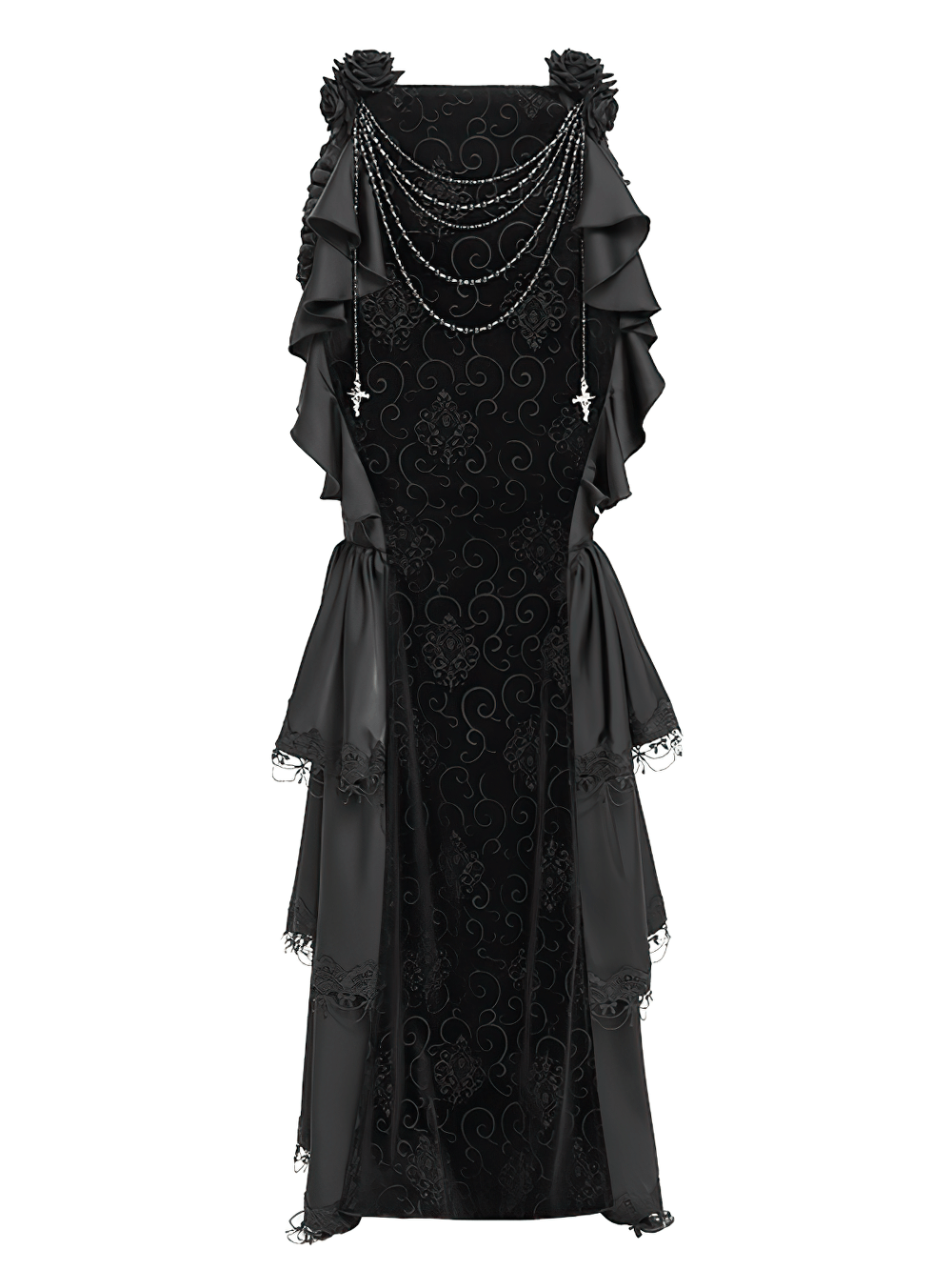 Gothic black velvet maxi skirt featuring ruffles, chains, and lace trim for a dramatic look.