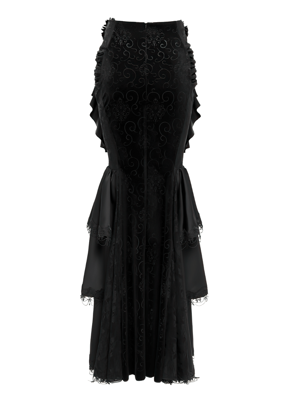 Gothic black velvet maxi skirt with ruffles, lace trim, and chains, showcasing dark elegance and allure.