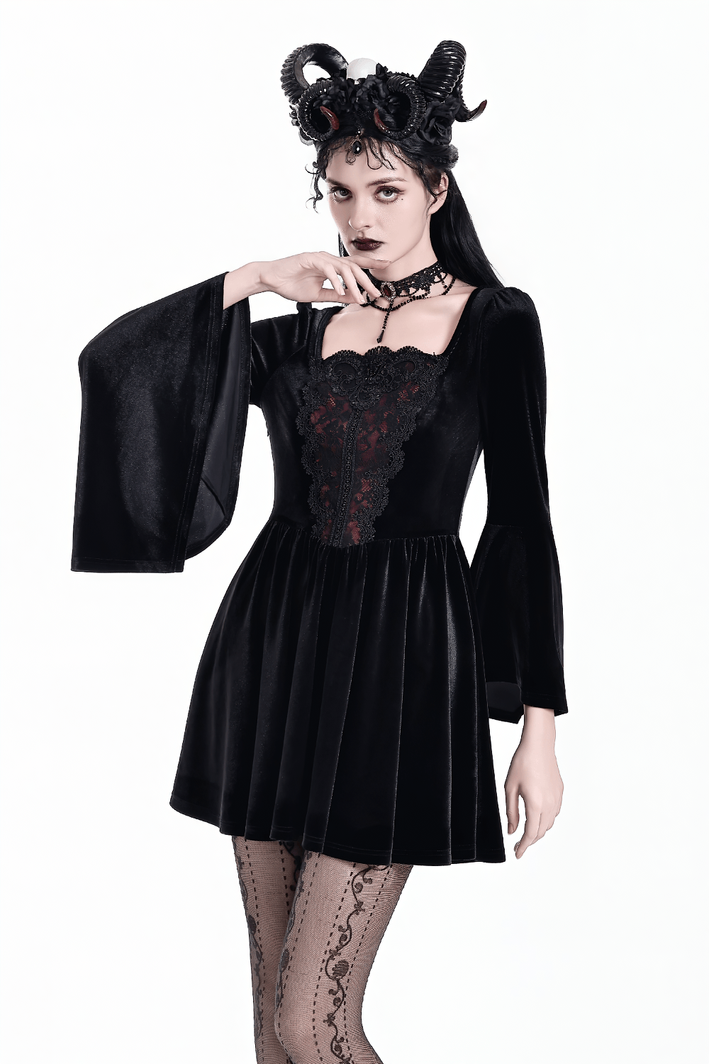 Gothic Black Velvet Mini Dress with Lace Bell Sleeves