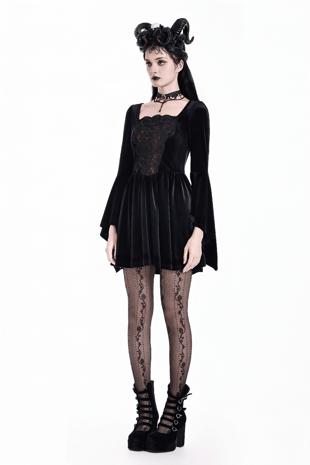 Gothic Black Velvet Mini Dress with Lace Bell Sleeves
