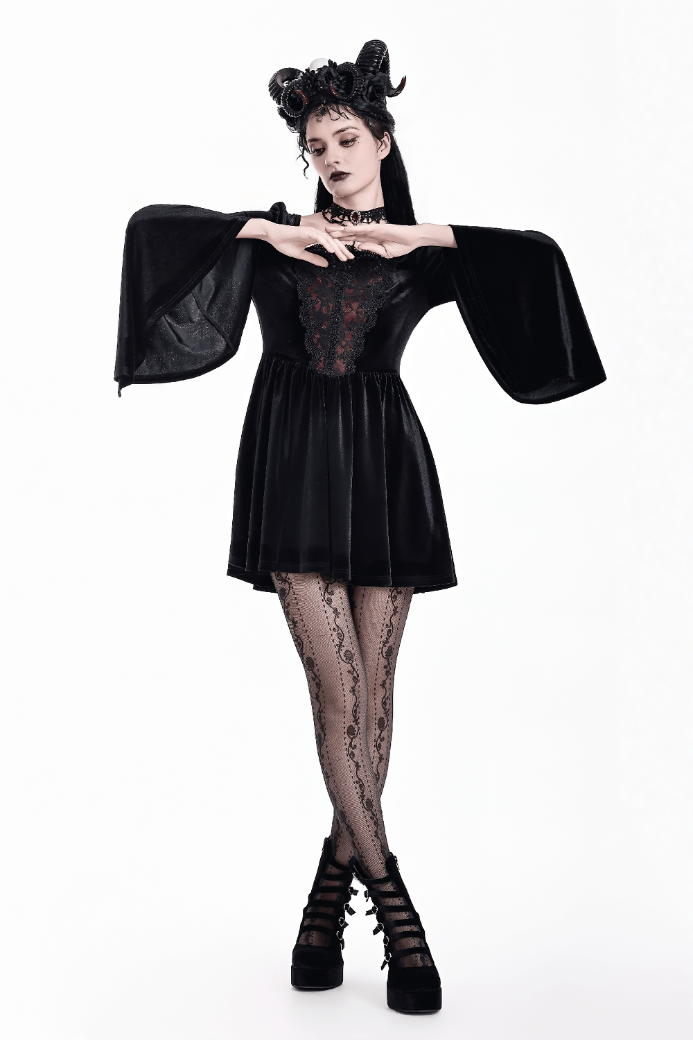 Gothic Black Velvet Mini Dress with Lace Bell Sleeves
