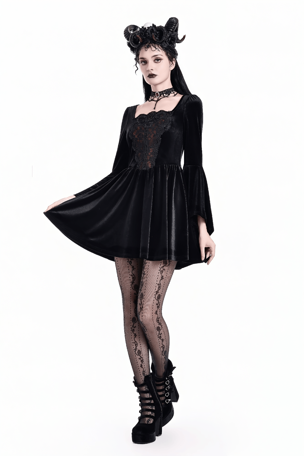 Gothic Black Velvet Mini Dress with Lace Bell Sleeves