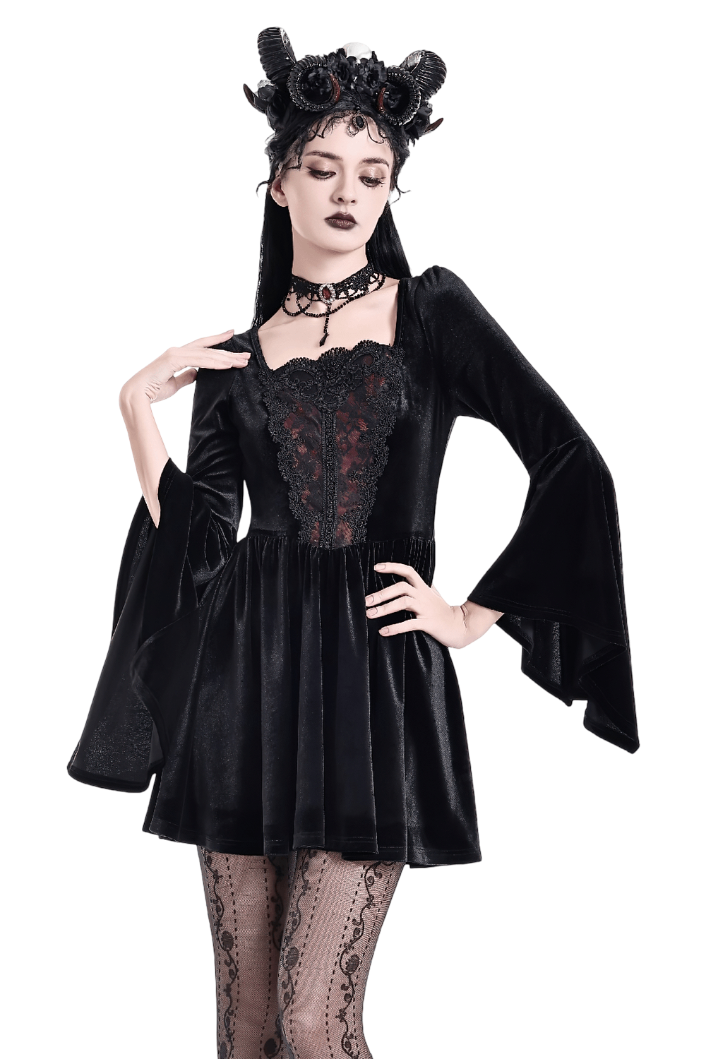 Gothic Black Velvet Mini Dress with Lace Bell Sleeves