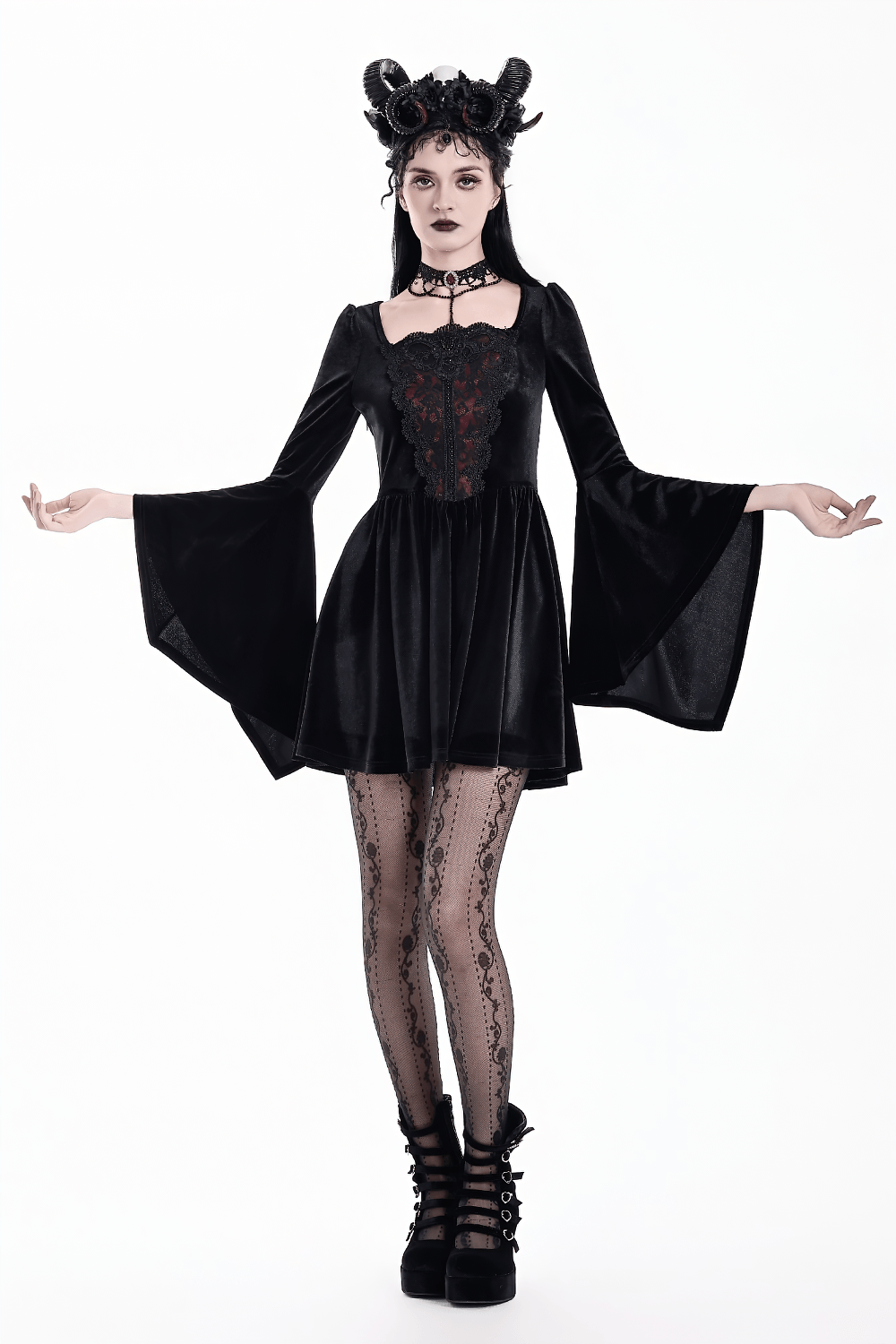 Gothic Black Velvet Mini Dress with Lace Bell Sleeves