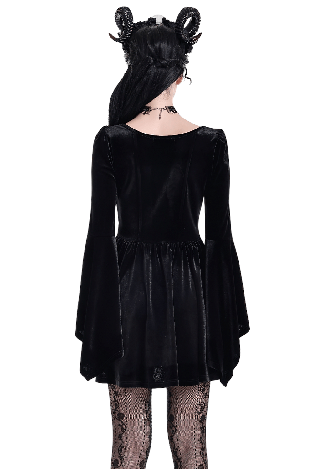 Gothic Black Velvet Mini Dress with Lace Bell Sleeves