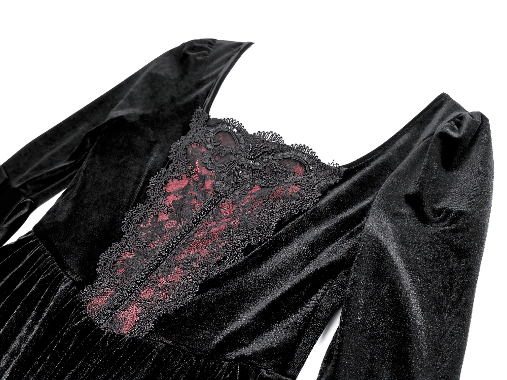 Gothic Black Velvet Mini Dress with Lace Bell Sleeves