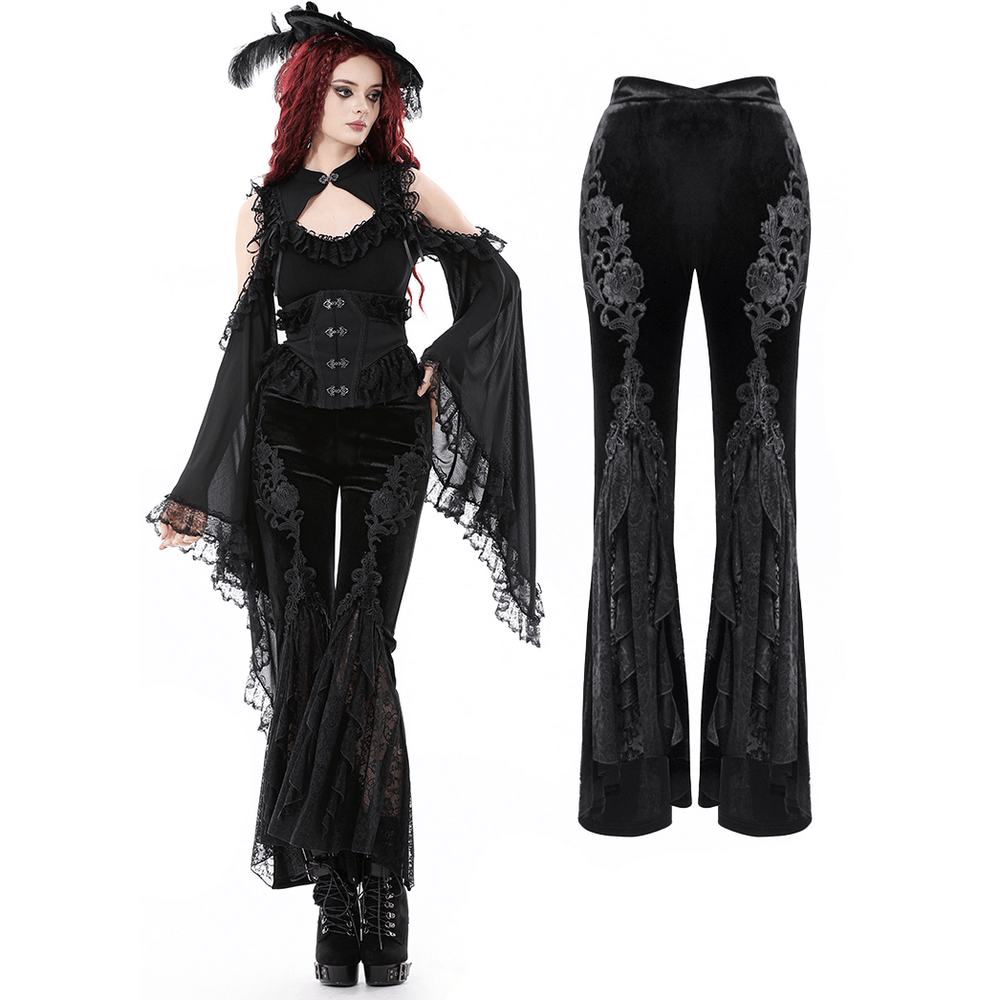 Gothic Black Velvet Pants with Lace Ruffle Panels displayed on a model, featuring intricate lace details and a flared silhouette.