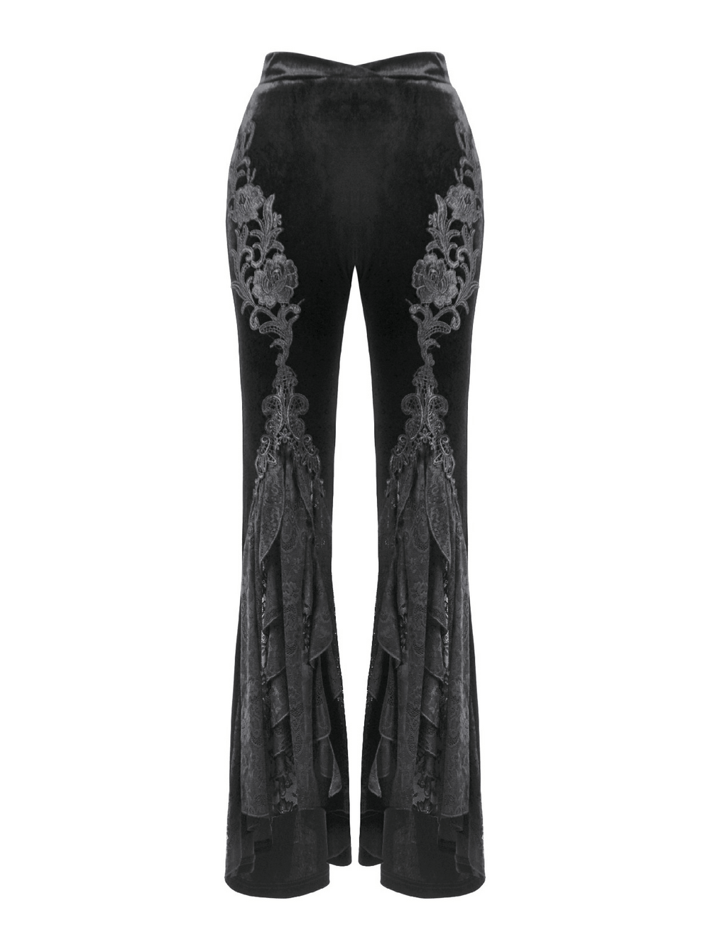 Gothic Black Velvet Pants with Lace Ruffle Panels showcasing intricate lace embroidery and flared ruffled details.