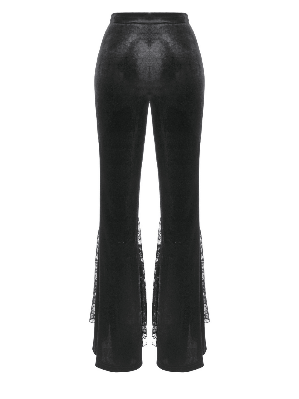 Gothic Black Velvet Pants with Lace Ruffle Panels showcasing elegant flared lace and luxurious velvet design.