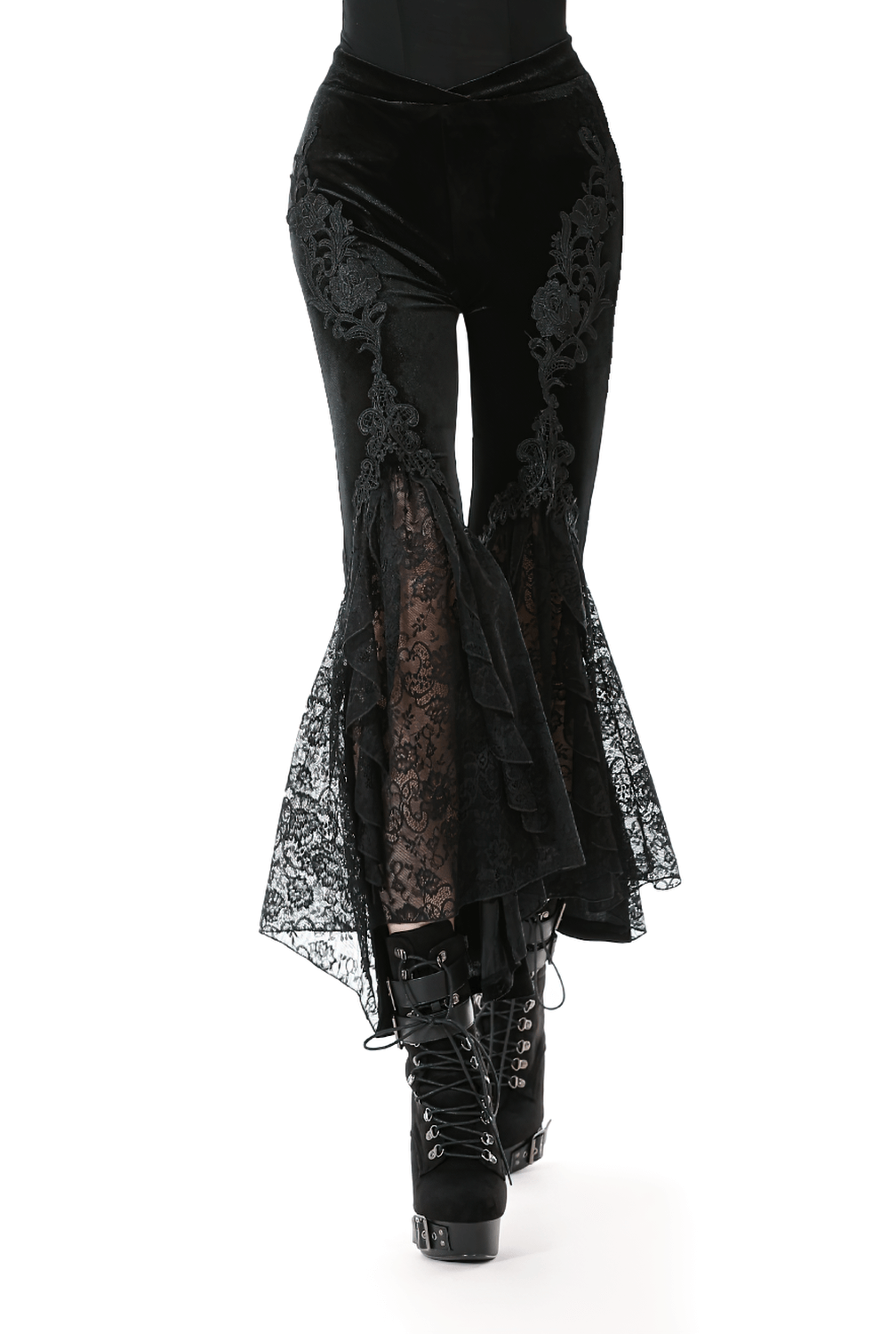 Gothic Black Velvet Pants with Lace Ruffle Panels showcasing flared lace inserts and high-waisted elegance.