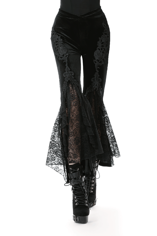 Gotische Schwarze Samthose mit Spitzenrüschenpanelen