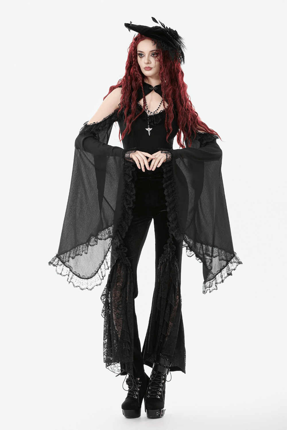 Gothic Black Velvet Pants with Lace Ruffle Panels worn by a model in a dramatic gothic outfit.