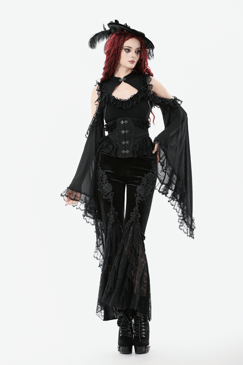 Gothic Black Velvet Pants with Lace Ruffle Panels showcased by a model in a gothic ensemble.