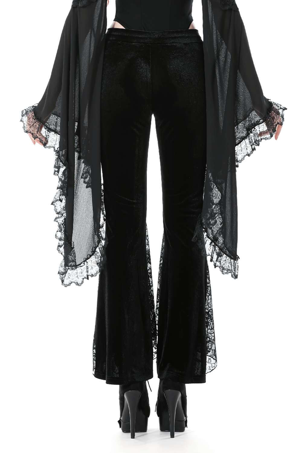 Gothic Black Velvet Pants with Lace Ruffle Panels showcasing flared design and luxurious lace details from the back.