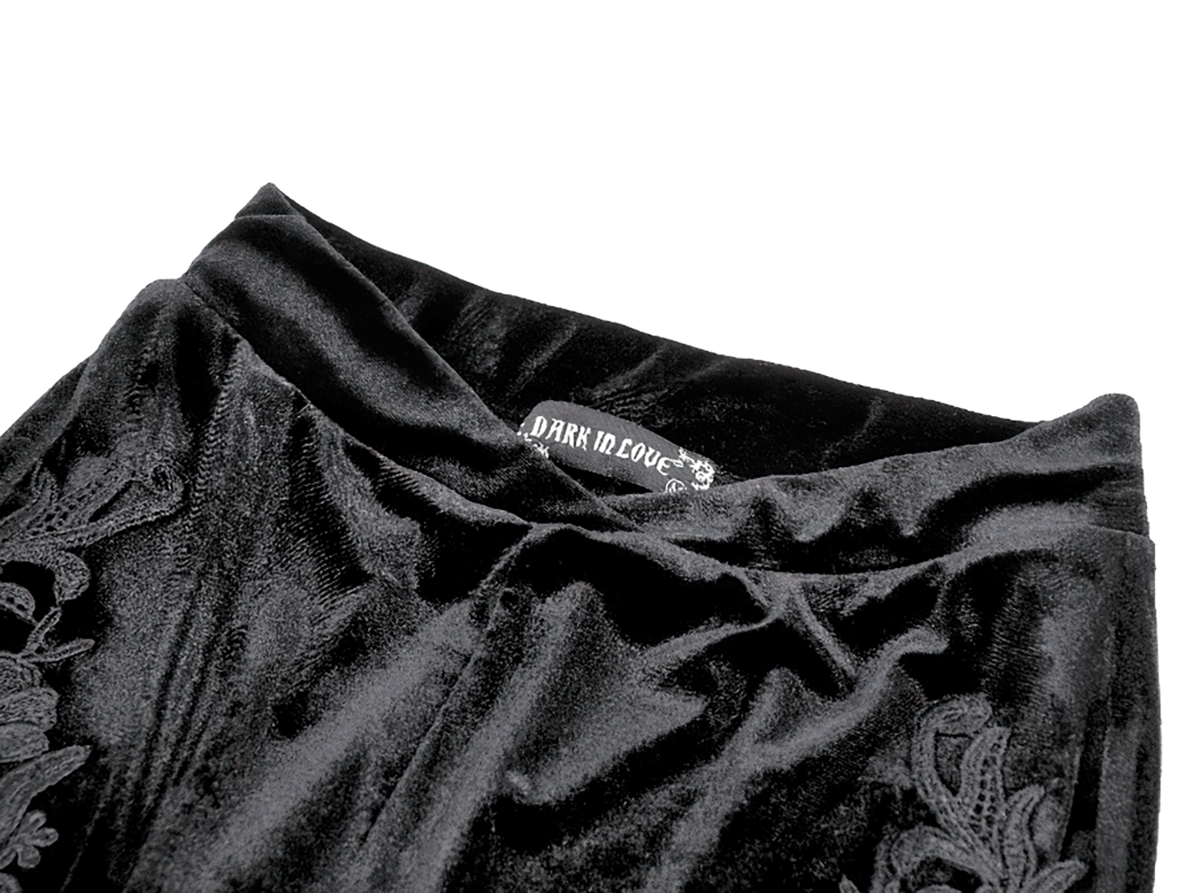 Gothic Black Velvet Pants with Lace Ruffle Panels showcasing luxurious fabric and intricate design details.