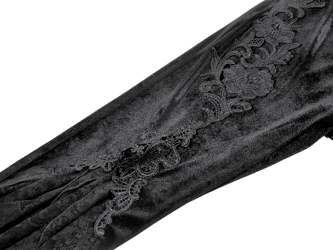 Gothic Black Velvet Pants with Lace Ruffle Panels showcasing intricate lace detailing on a sleek black fabric.