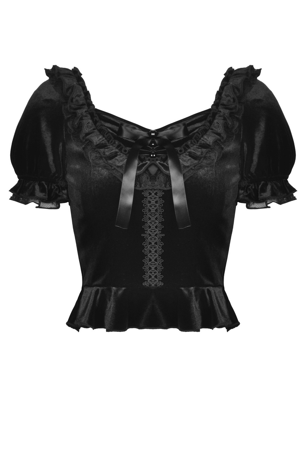 Gothic black velvet puff sleeve top with lace-up detail and satin ribbons, perfect for a dramatic yet elegant look.