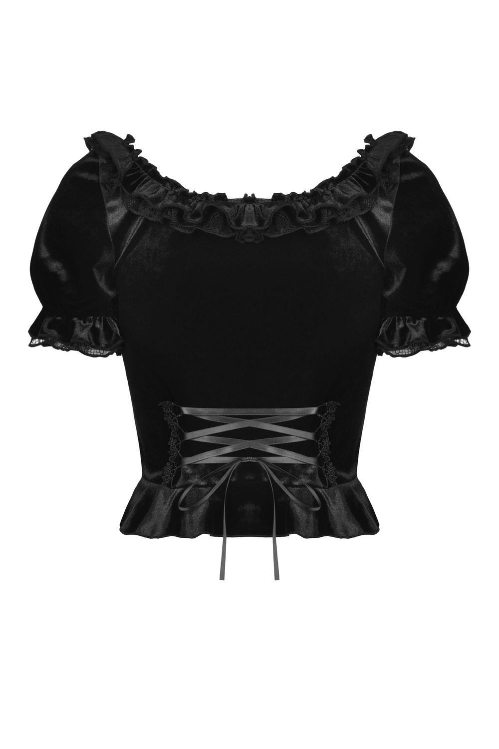 Gothic black velvet puff sleeve top with lace-up back and frill detail, perfect for a romantic yet edgy outfit.