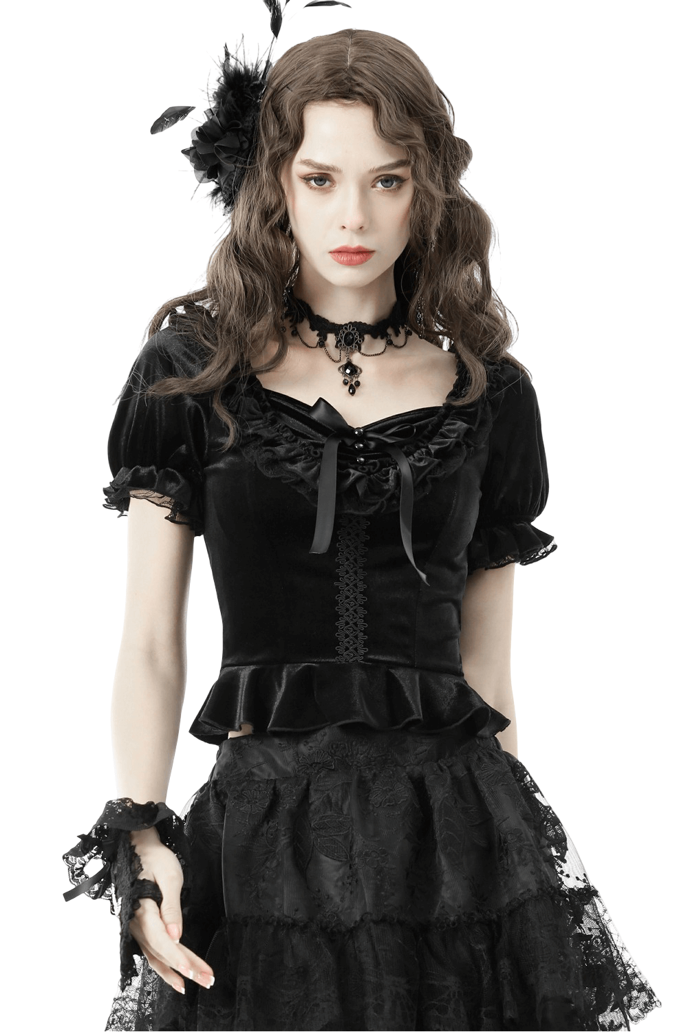 Gothic black velvet puff sleeve top with lace-up detail, satin ribbons, and frill, perfect for a dramatic look.
