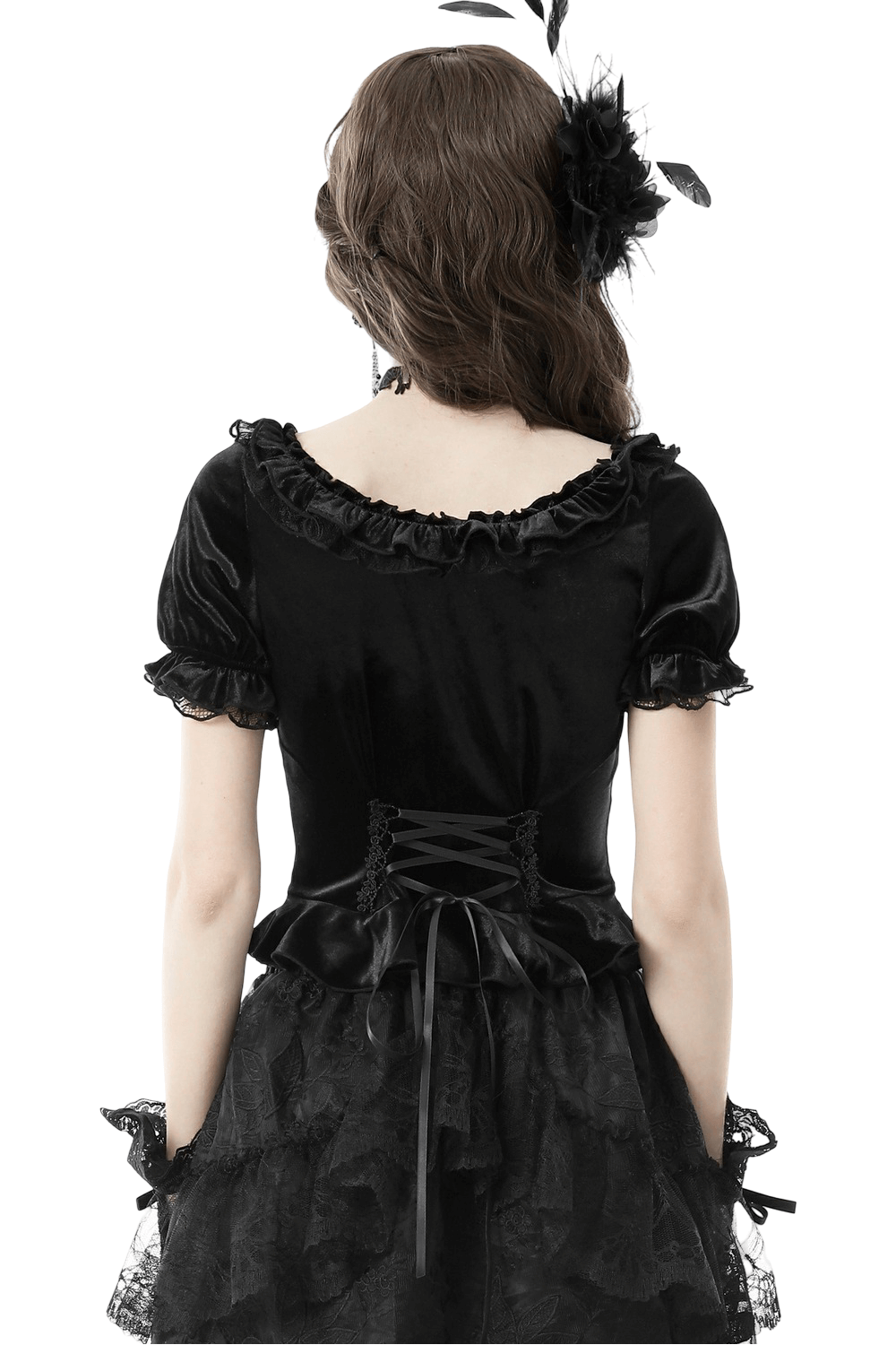 Elegant gothic black velvet puff sleeve top with lace-up back and frill details, perfect for a stylish edgy look.