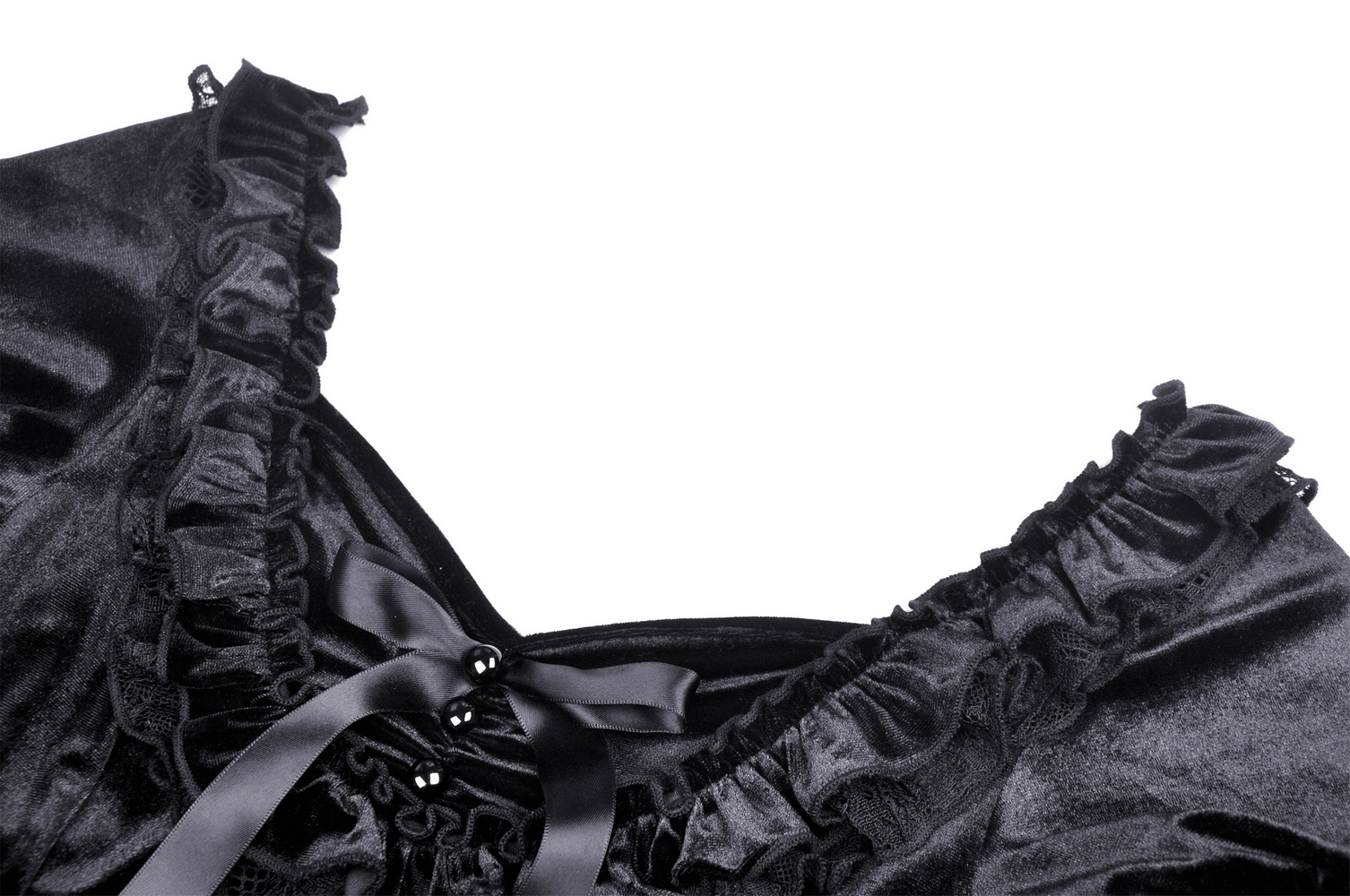 Close-up of the neckline of a gothic black velvet top with frills and satin ribbons, showcasing its elegant details.