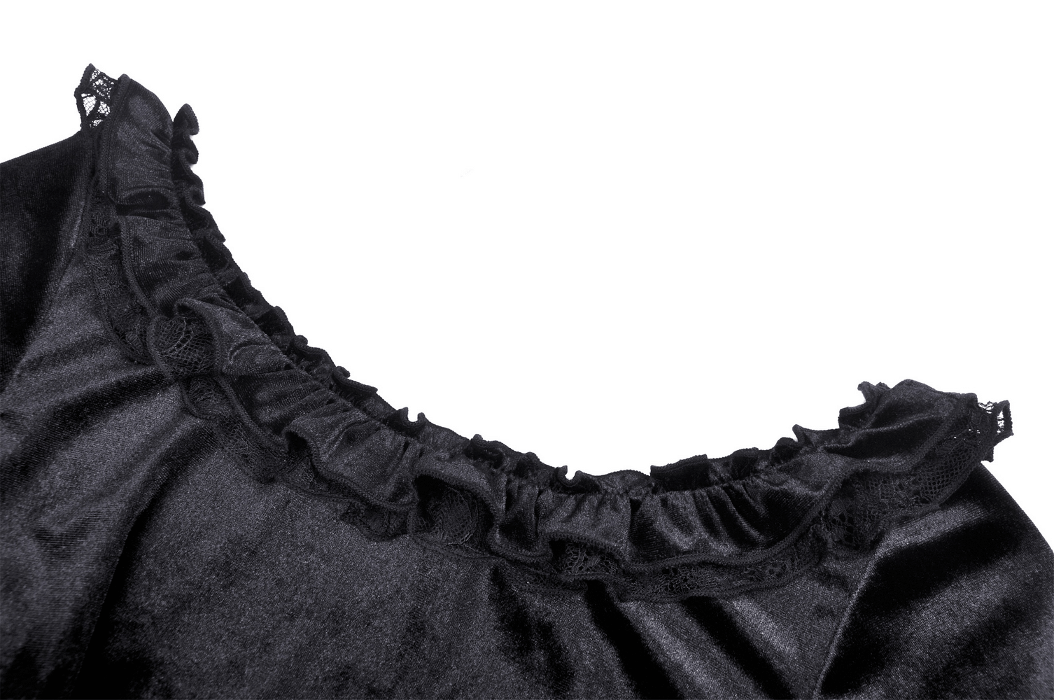 Close-up of black velvet gothic top neckline with frill and lace detailing for a romantic, edgy look.